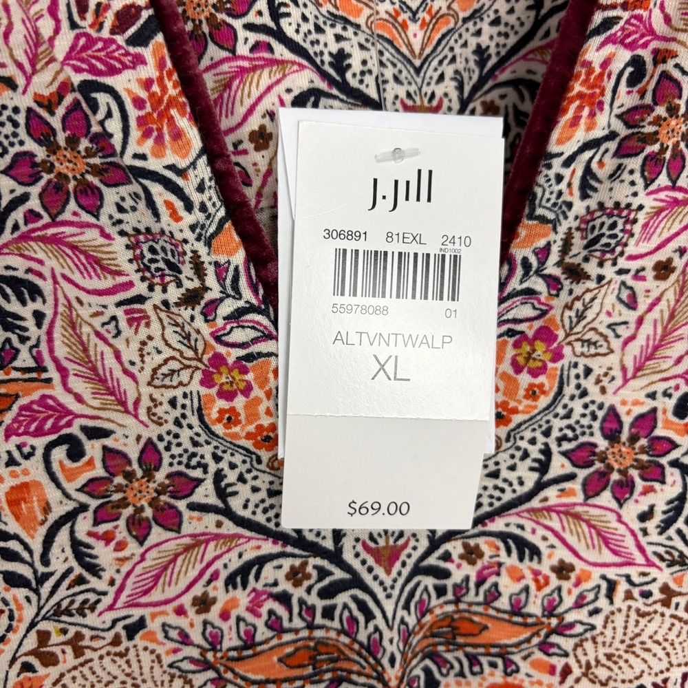 J.Jill Velvet Contrast Trim Top Floral Multicolor Festive Shirt Paisley Size XL - Picture 4 of 8